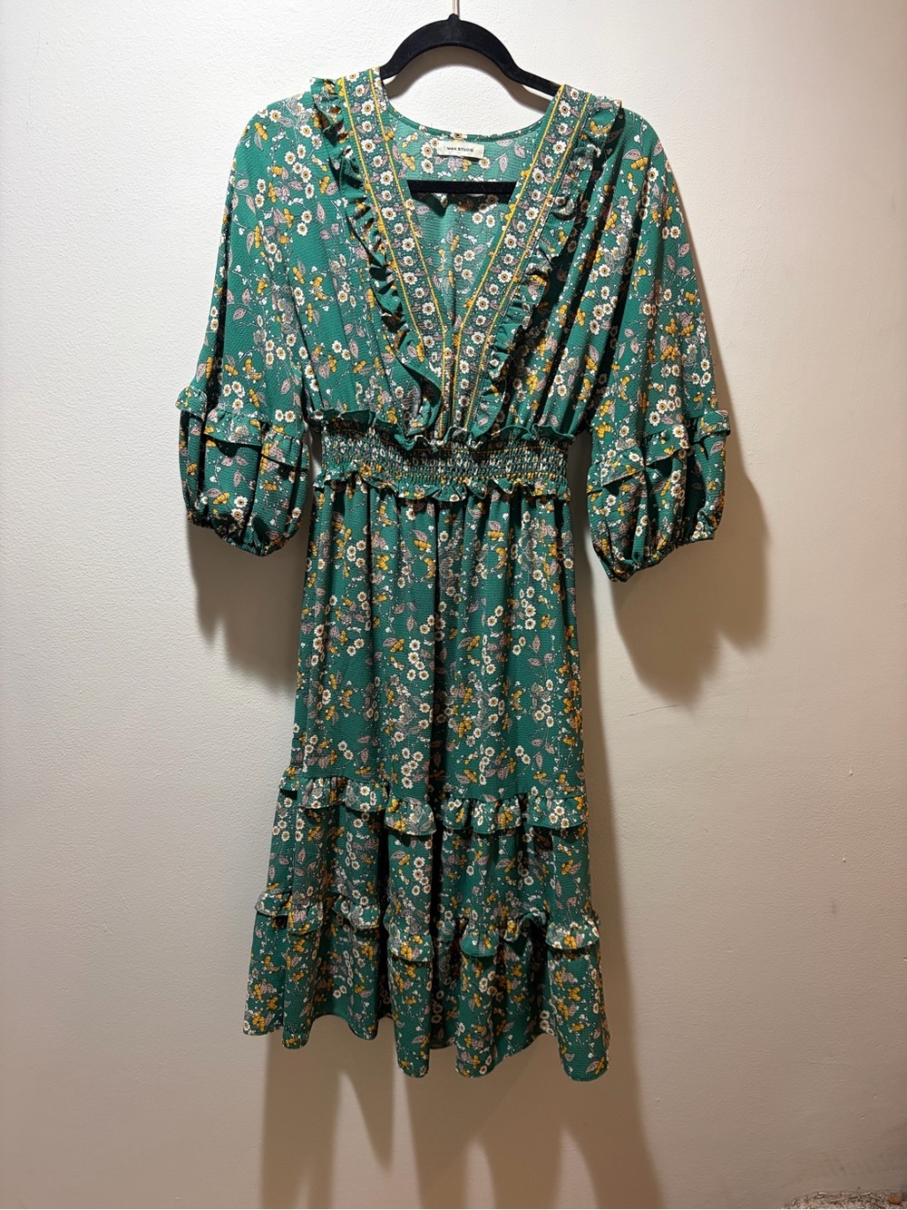 Max Studio Teal Floral V-Neck Ruffle Midi Dress